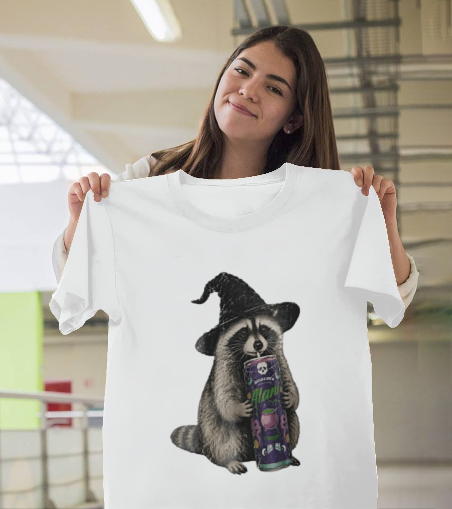 Alani Witches Brew Raccoon Witch Hat Can Holding T-Shirt