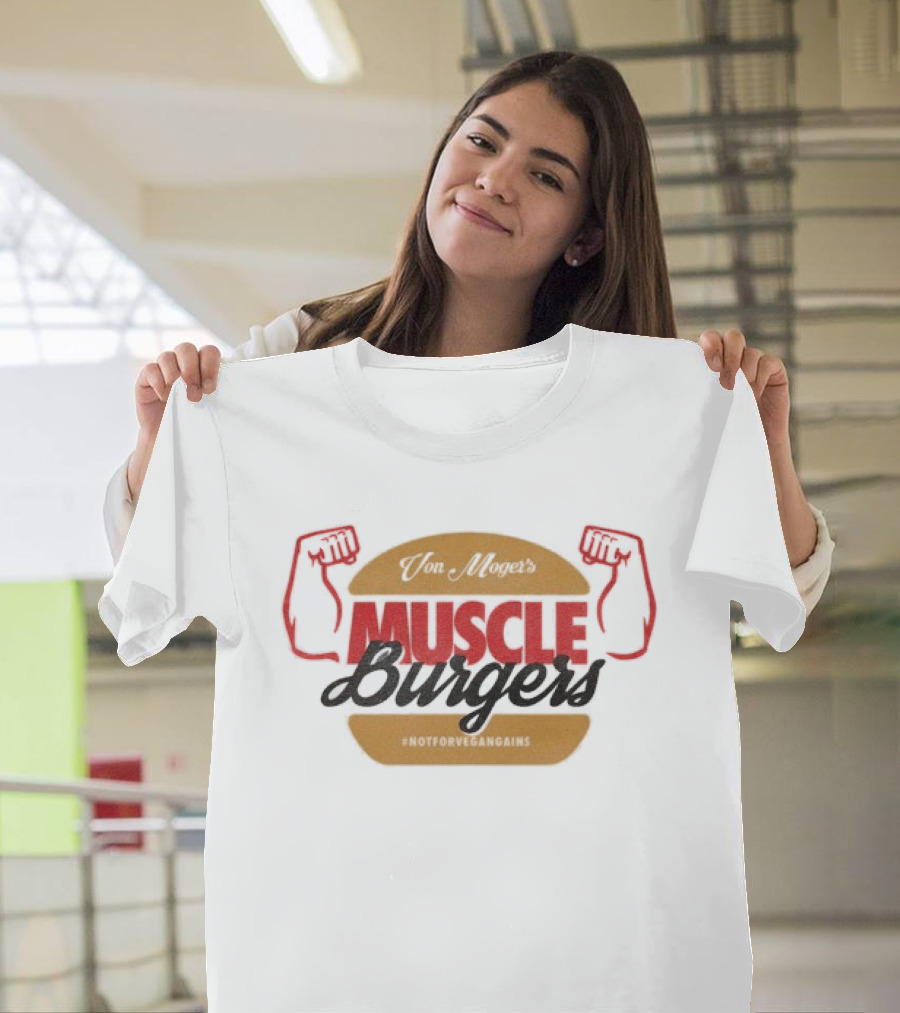 Calum Von Moger Muscle Burgers Flexing Arms Brown And Red Burger T-Shirt