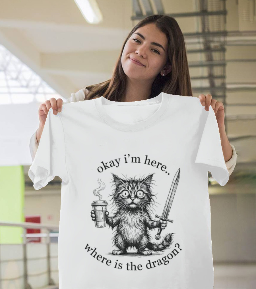 Okay I'm Here Where Is The Dragon Cat With Sword And Torch T-Shirt