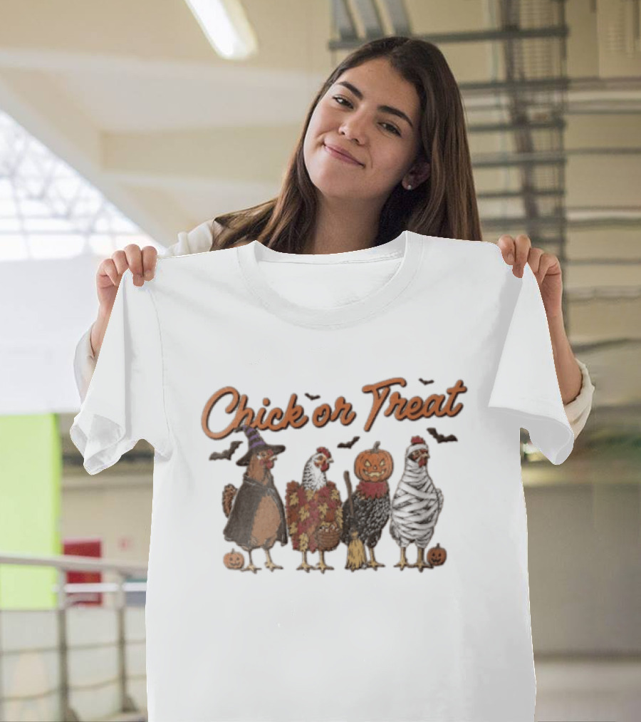 Chick Or Treat Halloween Chickens In Witch Mummy Pumpkin Costumes With Autumn Leaves And Bats T-Shirt