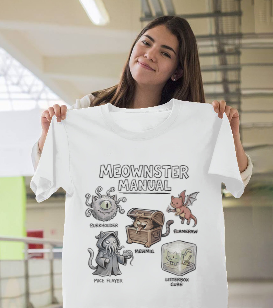 Meownster Manual Beholder Cat Cattack Mimic Abomination Cube Dragon Kitten T-Shirt