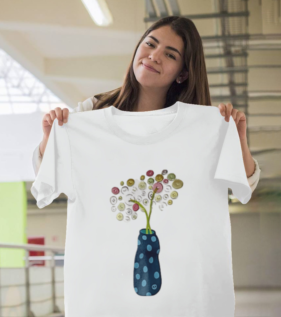 Polka Dot Vase With Colorful Button Flowers T-Shirt