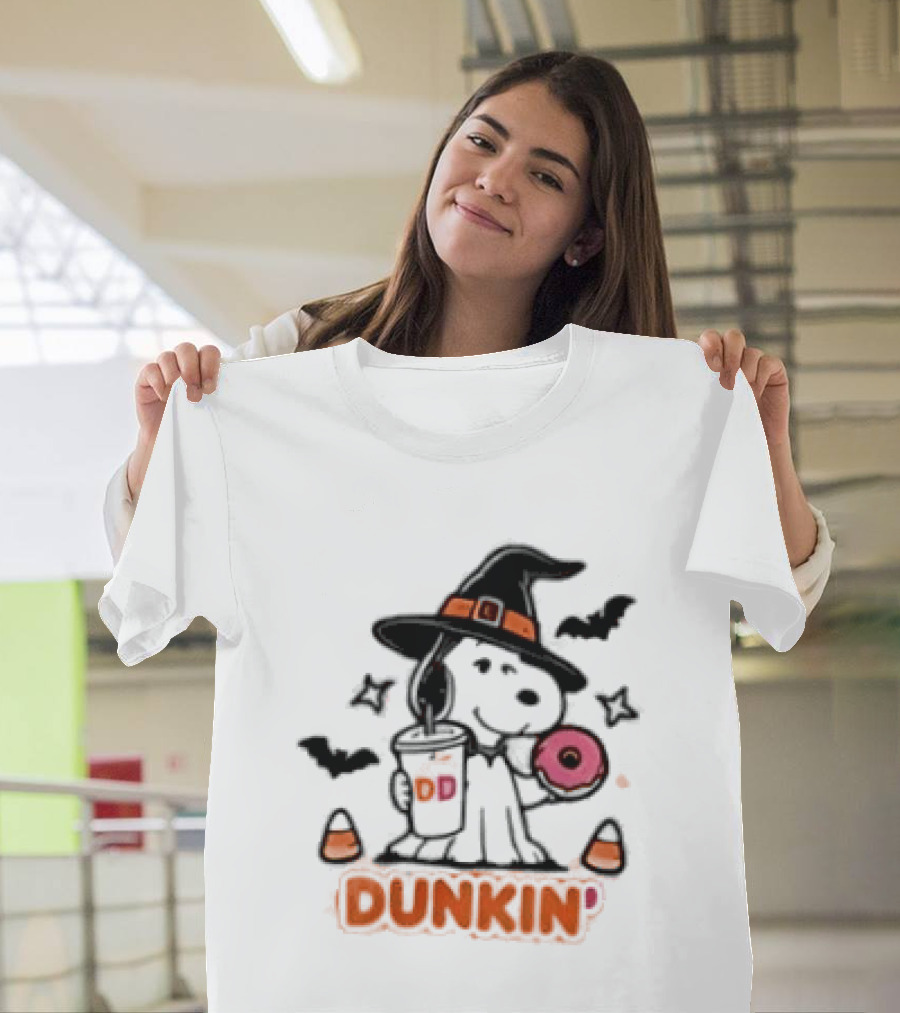 Snoopy Dunkin Donuts Halloween Witch Doughnut Coffee Cup Bats Candy Corn T-Shirt