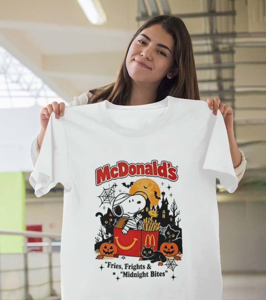 Snoopy McDonald's Halloween Fires Frights Midnight Bites Pumpkin Black Cat Moon T-Shirt