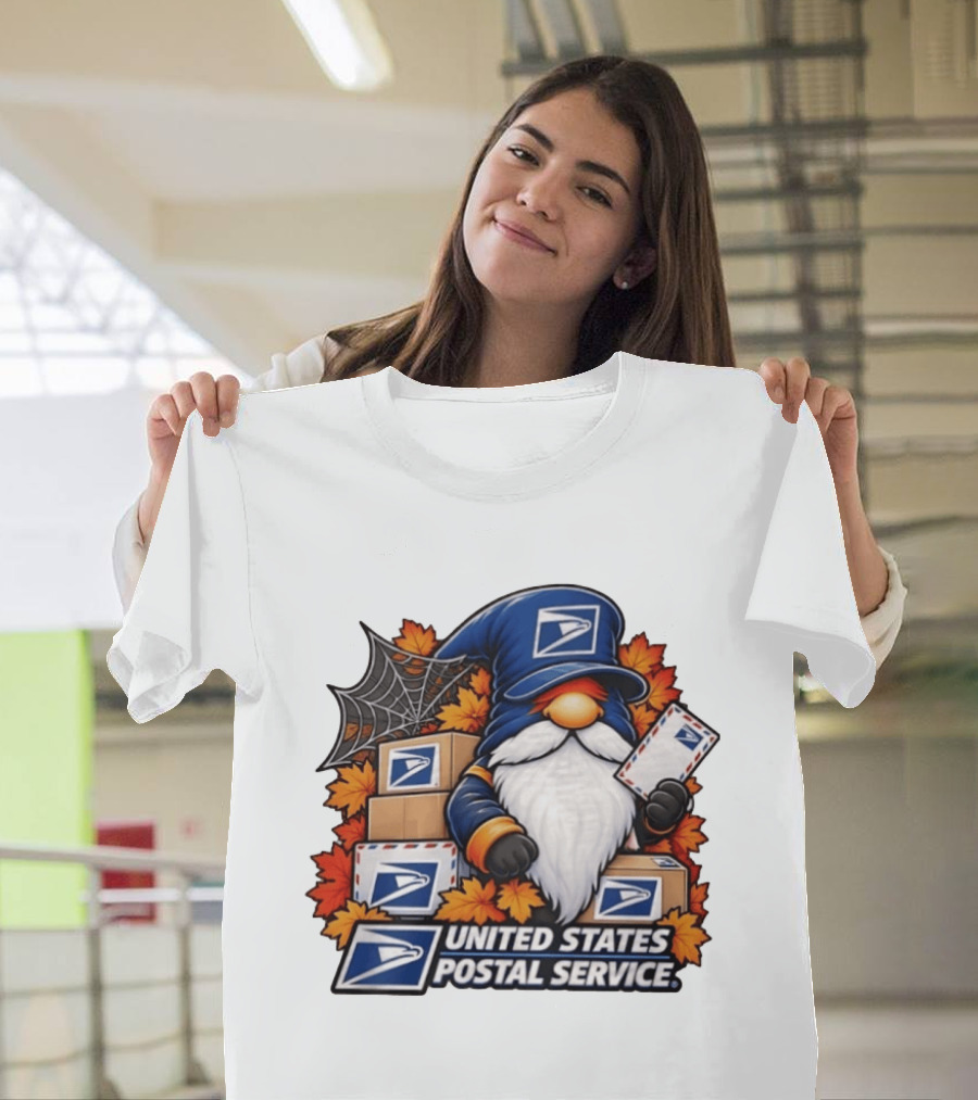 United States Postal Service Halloween Gnome With Mail And Fall Leaves T-Shirt