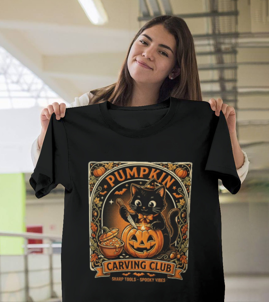 Pumpkin Carving Club Black Cat Sharp Tools Spooky Vibes T-Shirt