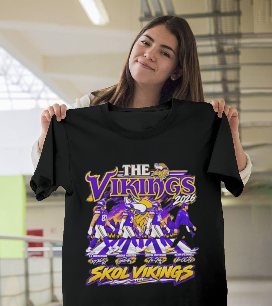 The Vikings 2026 J.J. Hockenson Jordan Addison Justin Jefferson Kevin O'Connell Skol Vikings T-Shirt