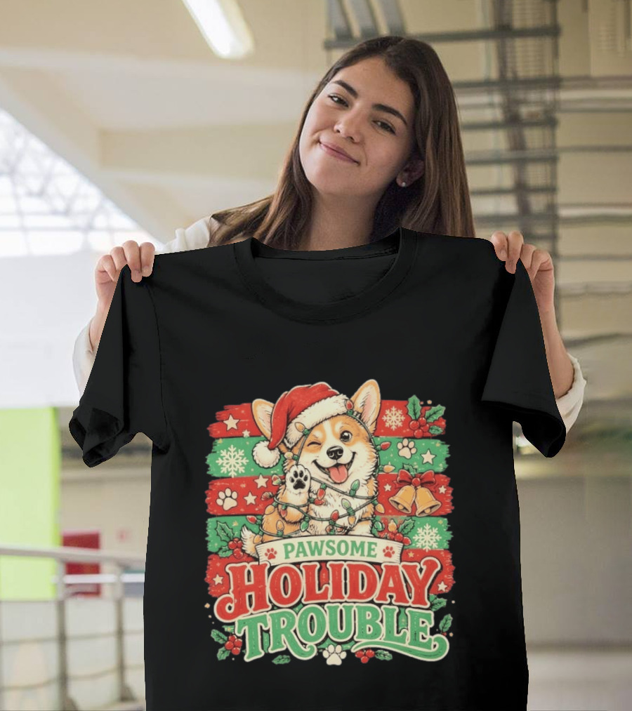 Pawsome Corgi Santa Hat Holiday Trouble Christmas Lights T-Shirt
