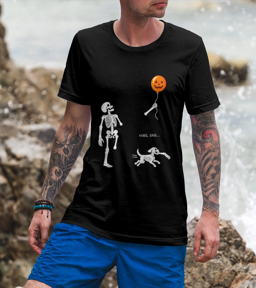 Skeleton Losing Halloween Pumpkin Balloon To Dog Well Shit T-Shirt