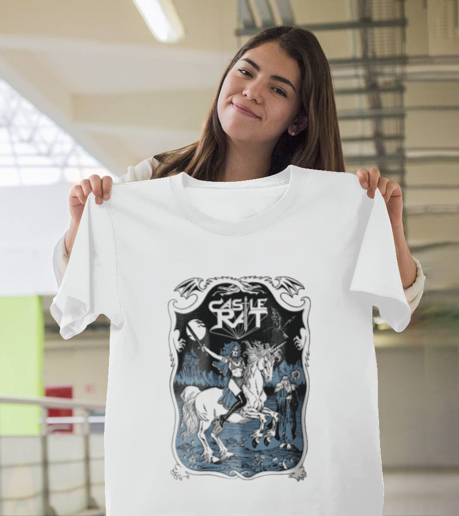Castle Rat Warrior Woman Riding Unicorn Wizard Fantasy Scene T-Shirt