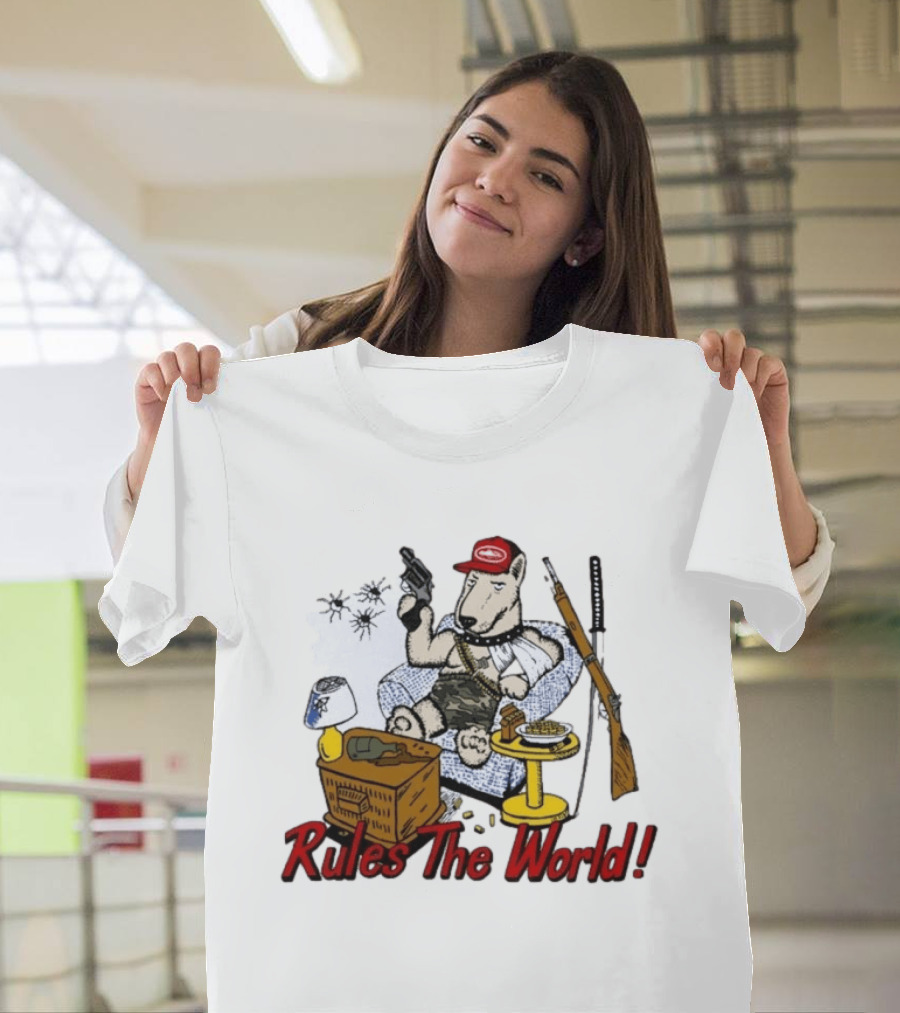 Corteiz Last Stand Rules The World Relaxed Gun Toting Bull Terrier In Camouflage And Cap T-Shirt