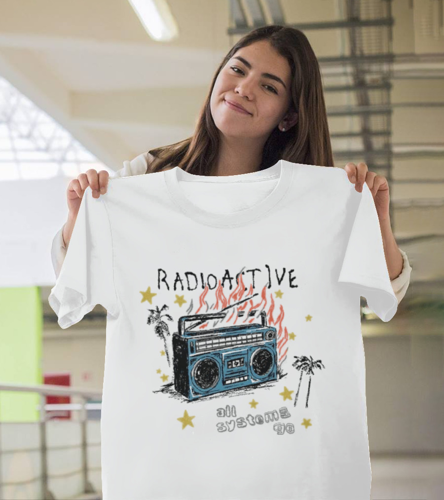 Radioactive All Systems Go Boombox Cassette Flames Stars Palms T-Shirt