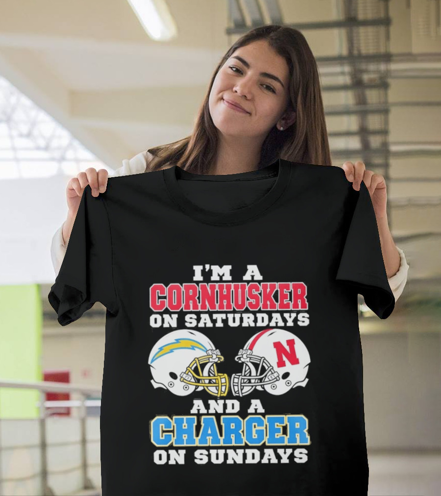 I'm A Cornhusker On Saturdays And A Charger On Sundays Football Fan Football Team Helmets T-Shirt