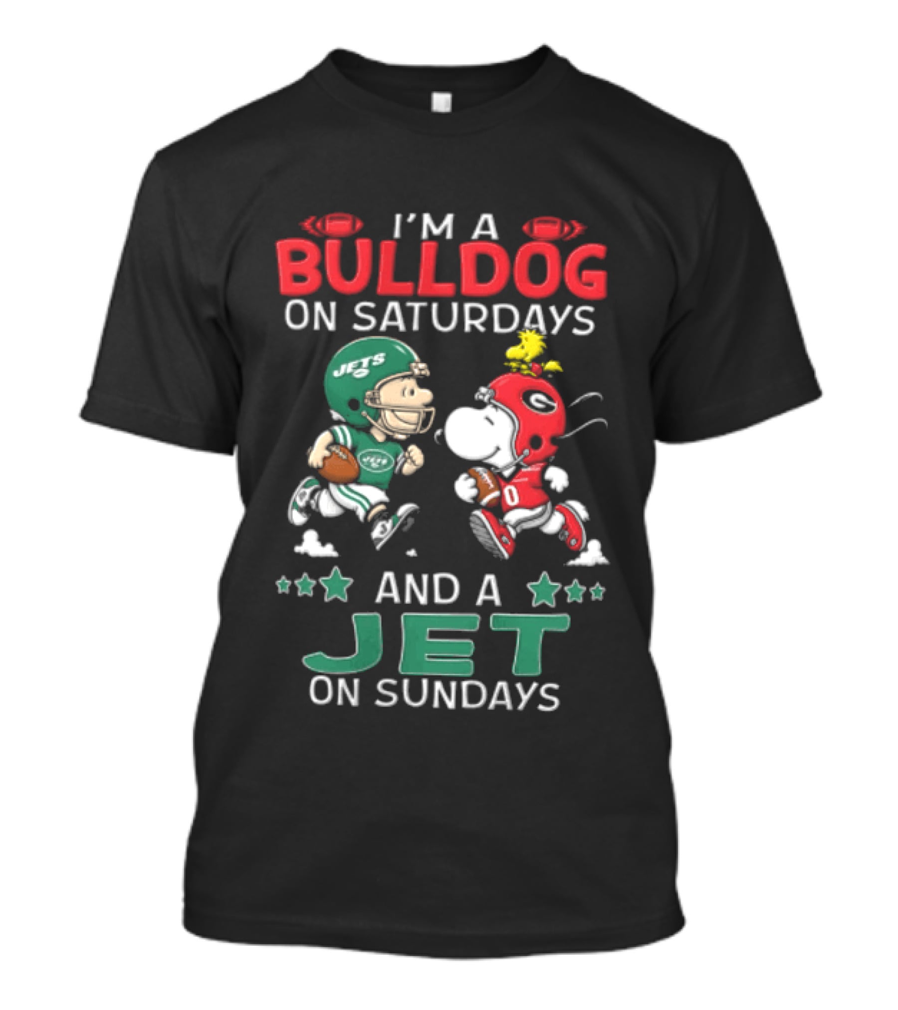 Charlie Brown Snoopy Woodstock I'm A Bulldog On Saturdays And A Jet On Sundays NCAAF NFL T-Shirt
