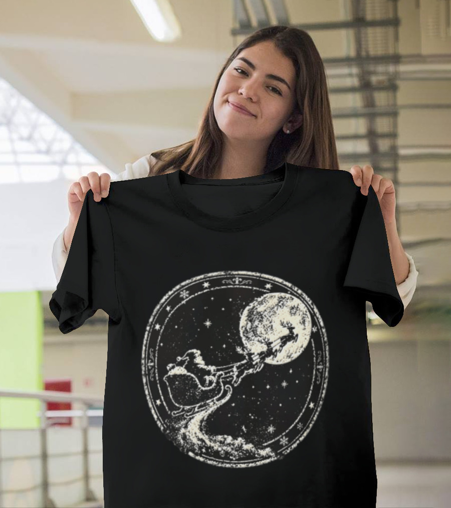 Santa Sleigh Flying Across Moonlit Night Vintage Stamp Christmas T-Shirt