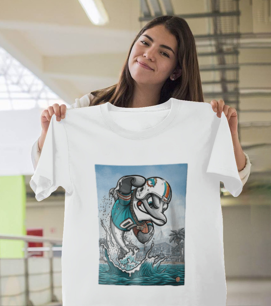Miami Dolphins Garo Yepremian Fins Up 1972 Cartoon Dolphin Helmet Football T-Shirt