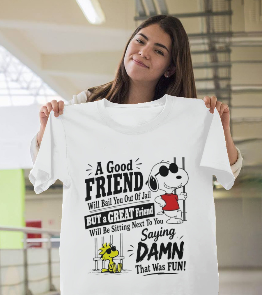 Snoopy And Woodstock A Good Friend Will Bail You Out Of Jail A Great Friend Will Be Sitting Next To You Saying Damn That Was Fun T-Shirt