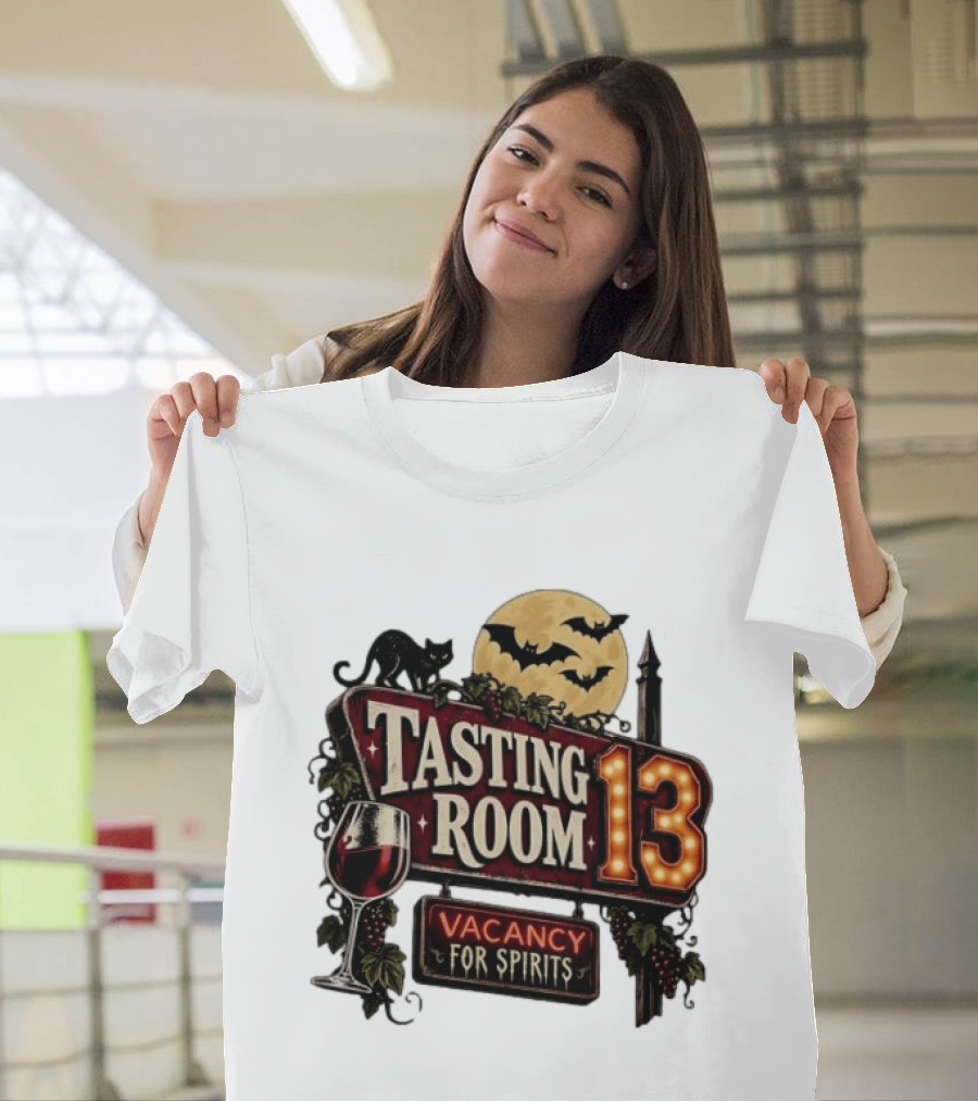 Tasting Room 13 Vacancy For Spirits Halloween Wine Moon Bats Cat T-Shirt