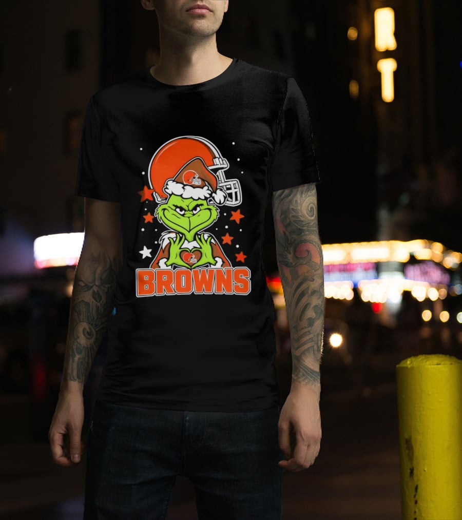 Grinch Heart Love Cleveland Browns Christmas Football T-Shirt