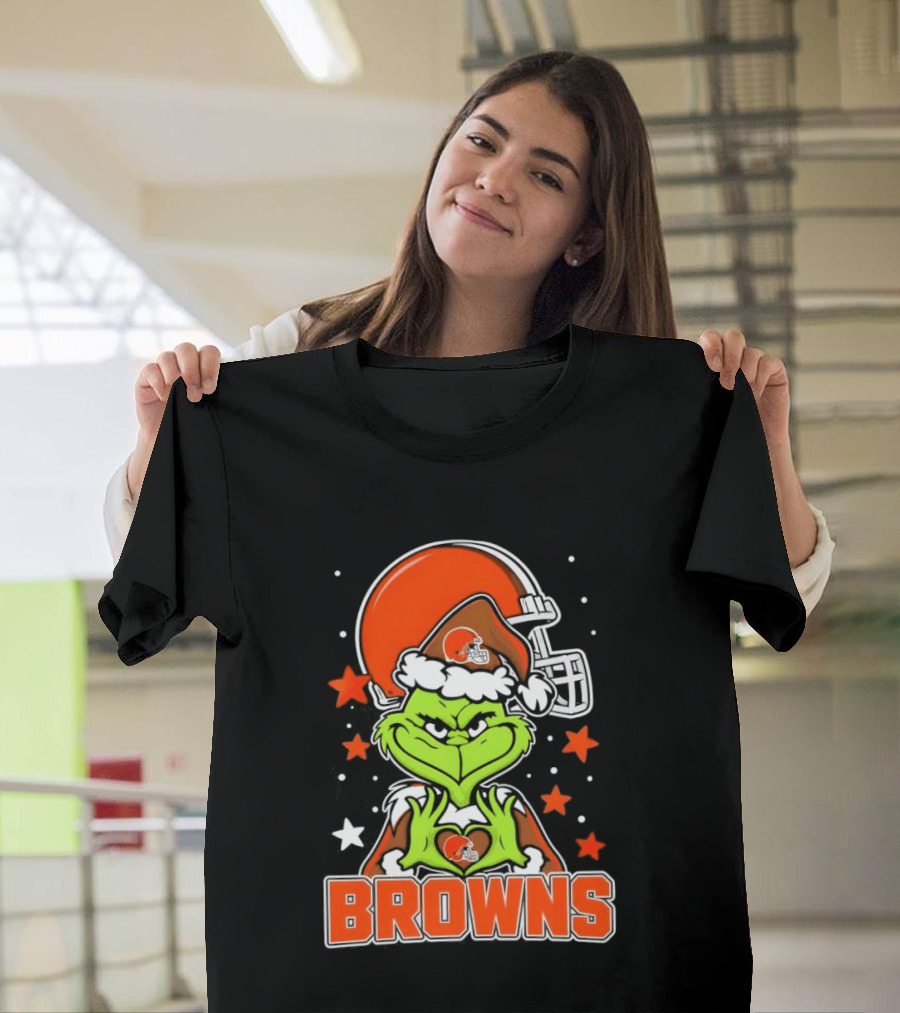 Grinch Heart Love Cleveland Browns Christmas Football T-Shirt