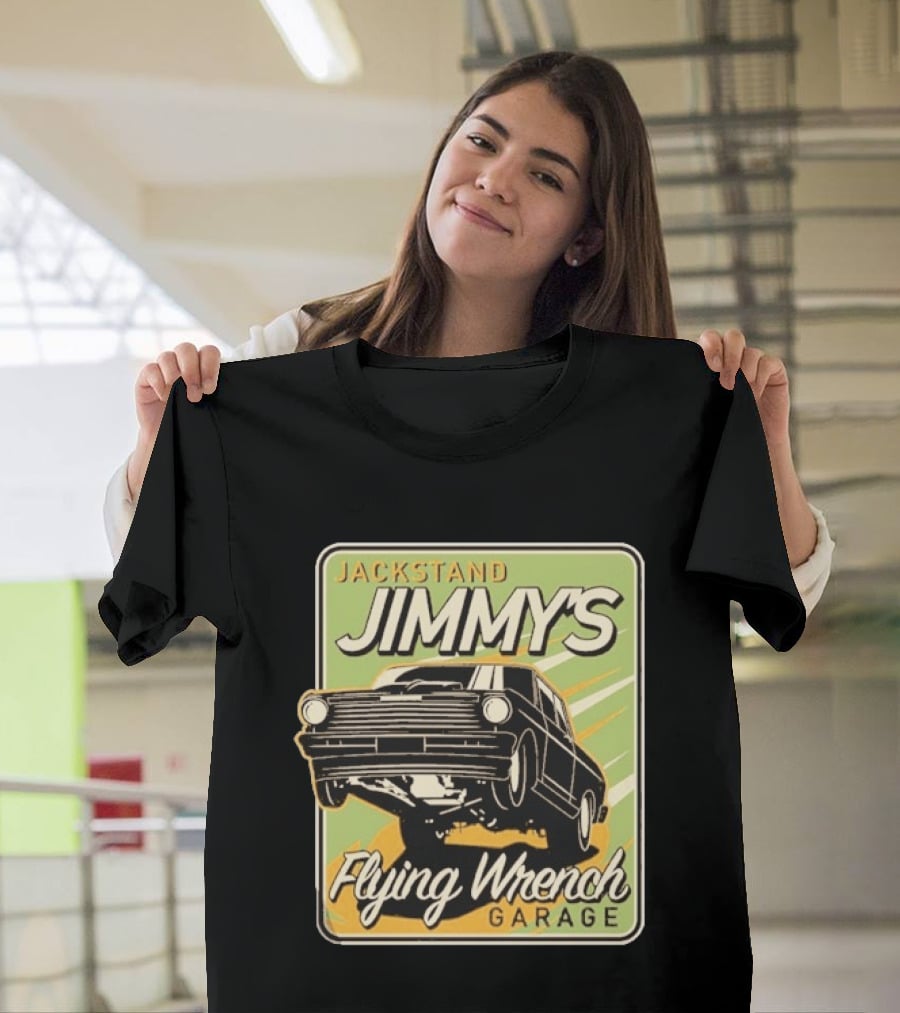 Jackstand Jimmy's Flying Wrench Garage Vintage Hot Rod Art Cleetus McFarland T-Shirt