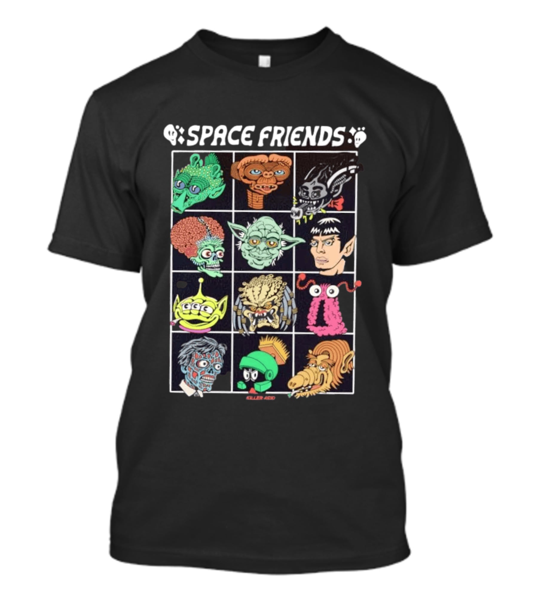 Space Friends Killer Acid Sci Fi Collage Alien Monster Characters T-Shirt