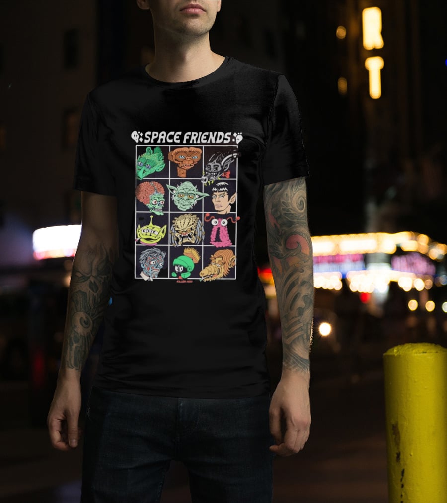 Space Friends Killer Acid Sci Fi Collage Alien Monster Characters T-Shirt