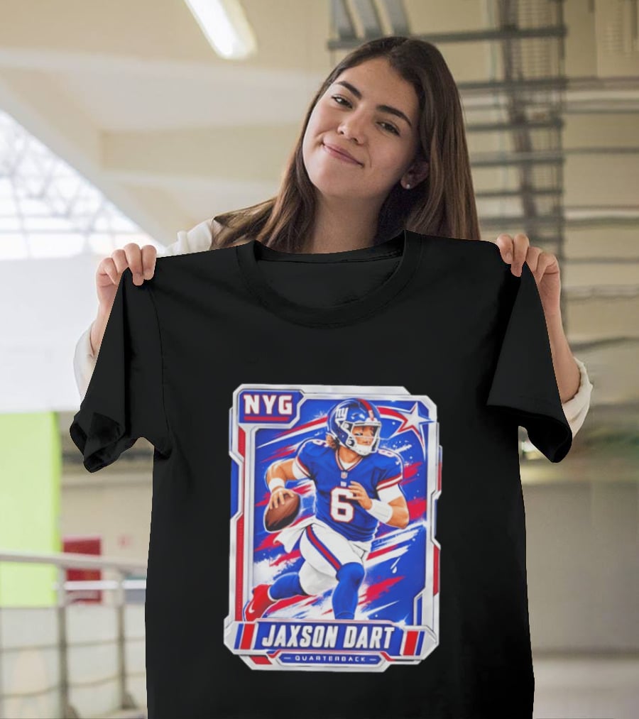 NYG Jaxson Dart 2026 Trading Card Blue Jersey Quarterback T-Shirt