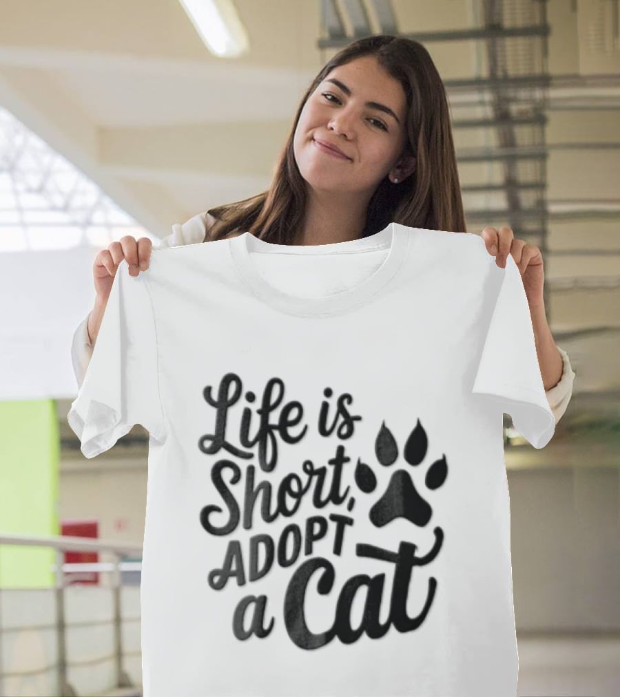 Life Is Short Adopt A Cat Paw Print T-Shirt