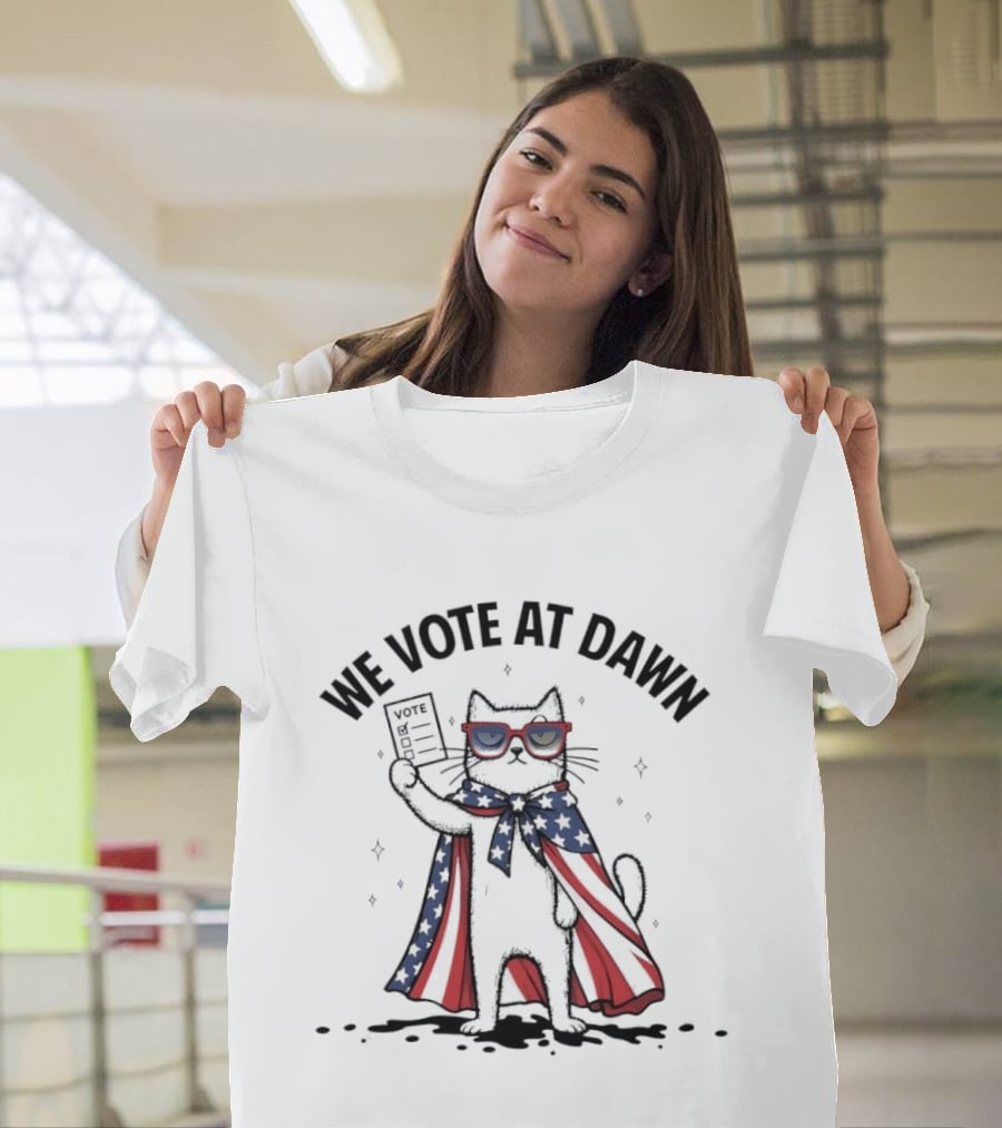 We Vote At Dawn Patriotic Cat With Stars And Stripes Cape And Glasses T-Shirt
