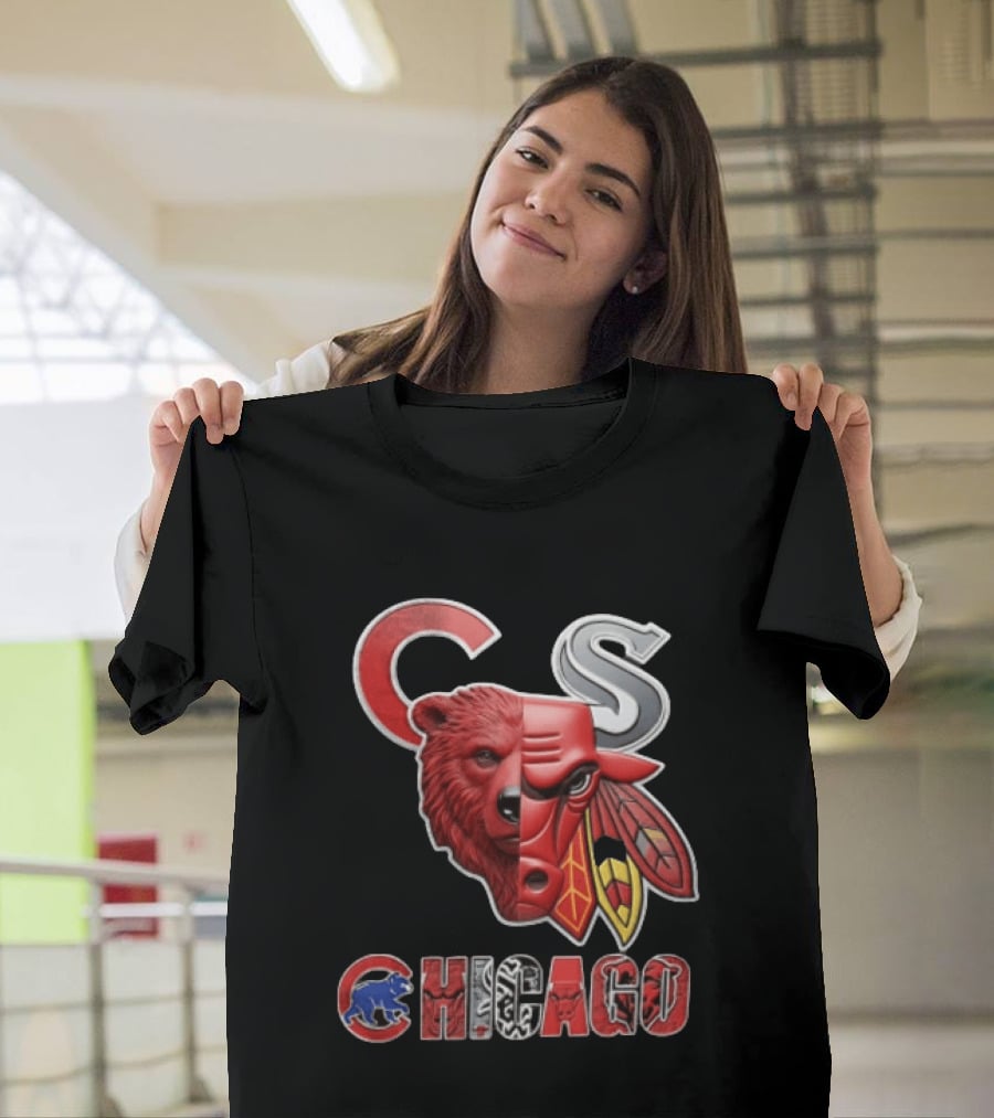 Chicago Cubs Bulls Blackhawks Split Face Bear Bull T-Shirt
