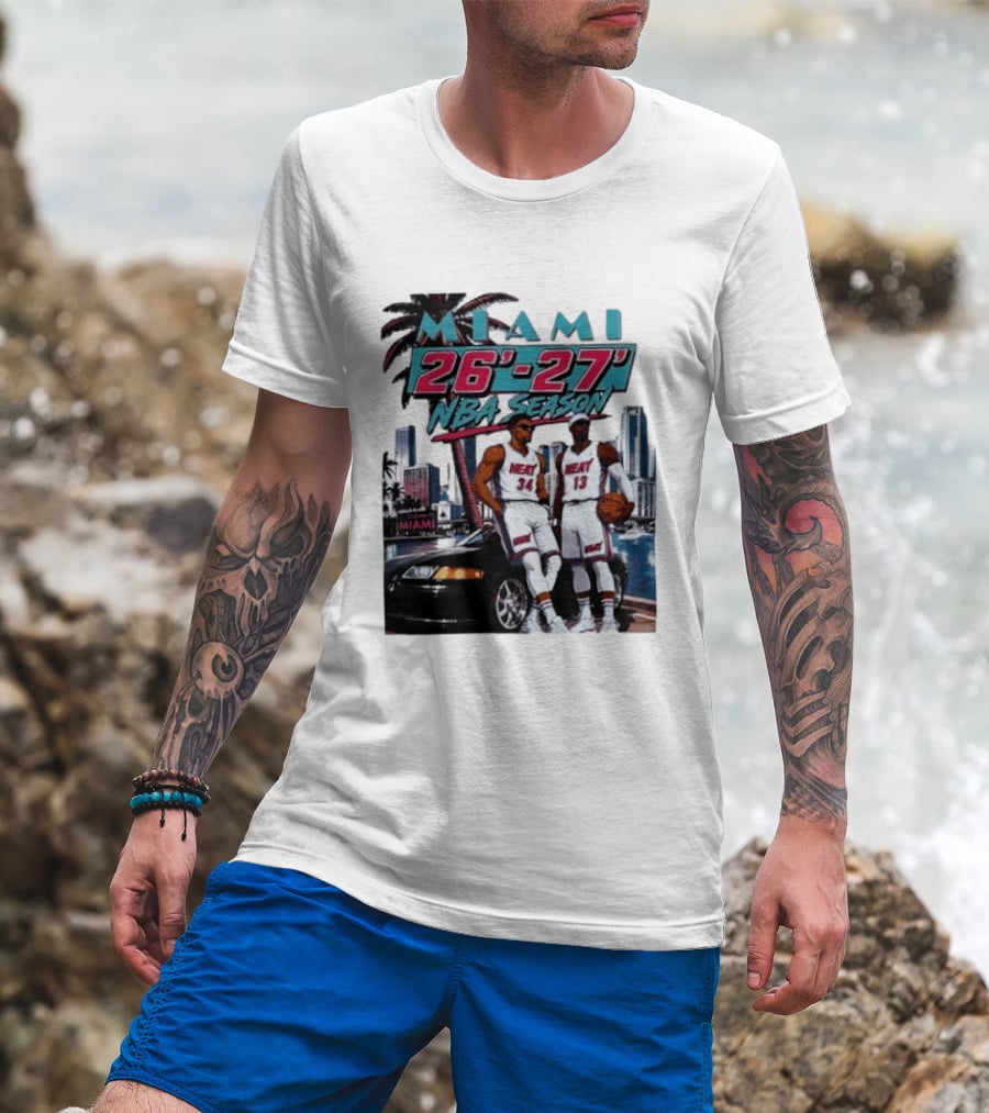 Miami Heat 26 27 NBA Season Palm Trees Skyline Players T-Shirt