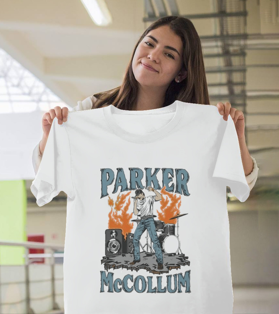 Parker Mccollum Cartoon Flames Concert Scene With Drums And Speakers T-Shirt