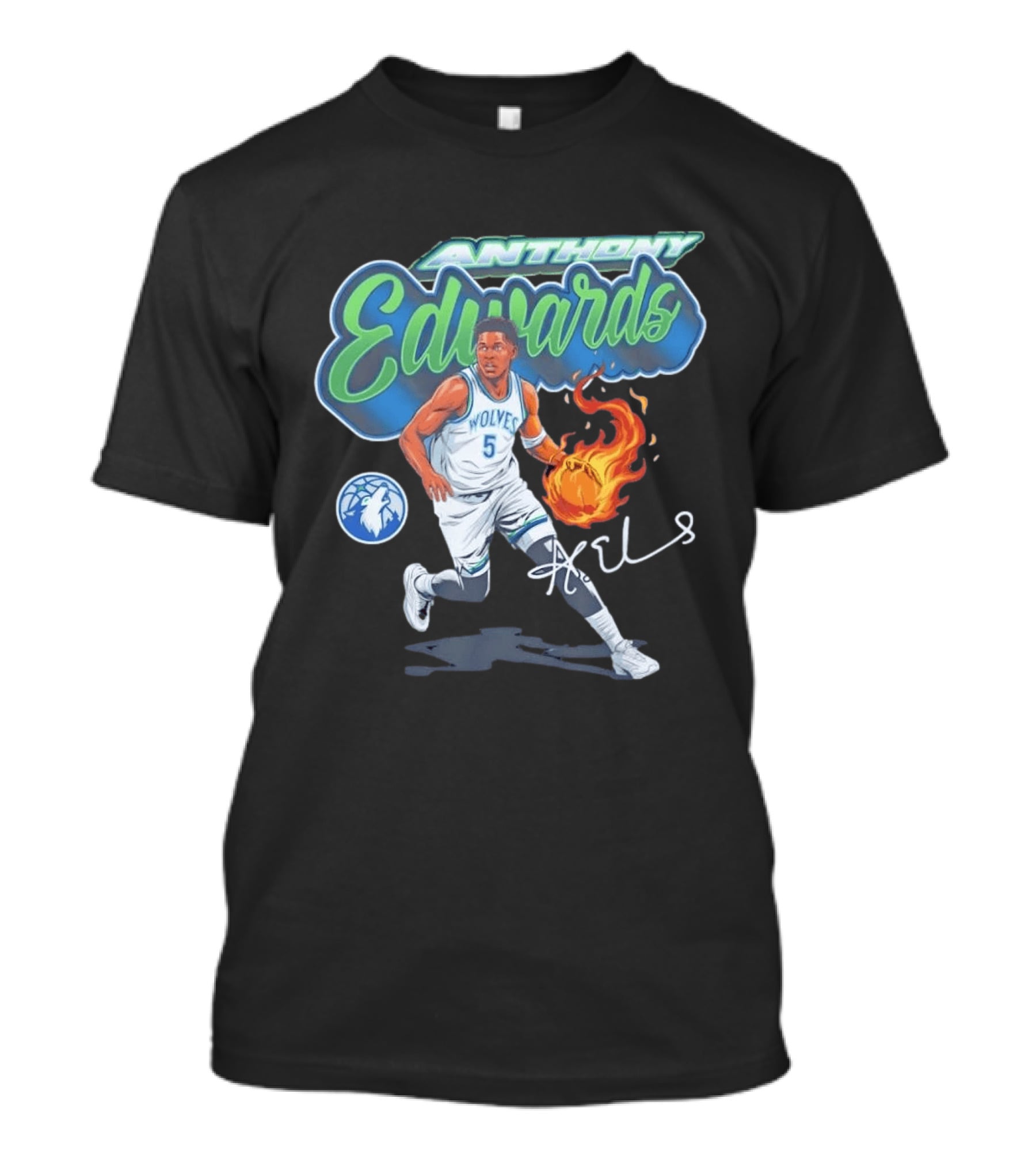 Anthony Edwards Wolves Cursive Script Basketball Flame Edit T-Shirt