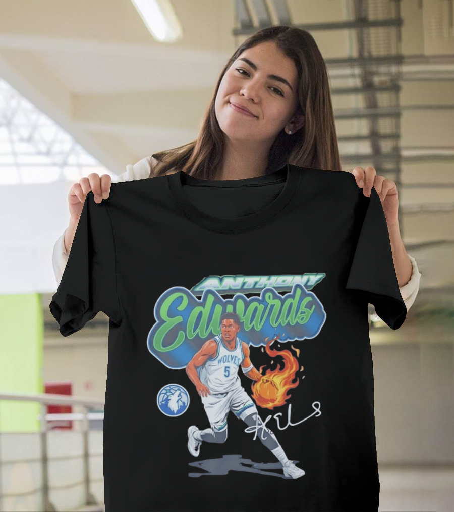 Anthony Edwards Wolves Cursive Script Basketball Flame Edit T-Shirt