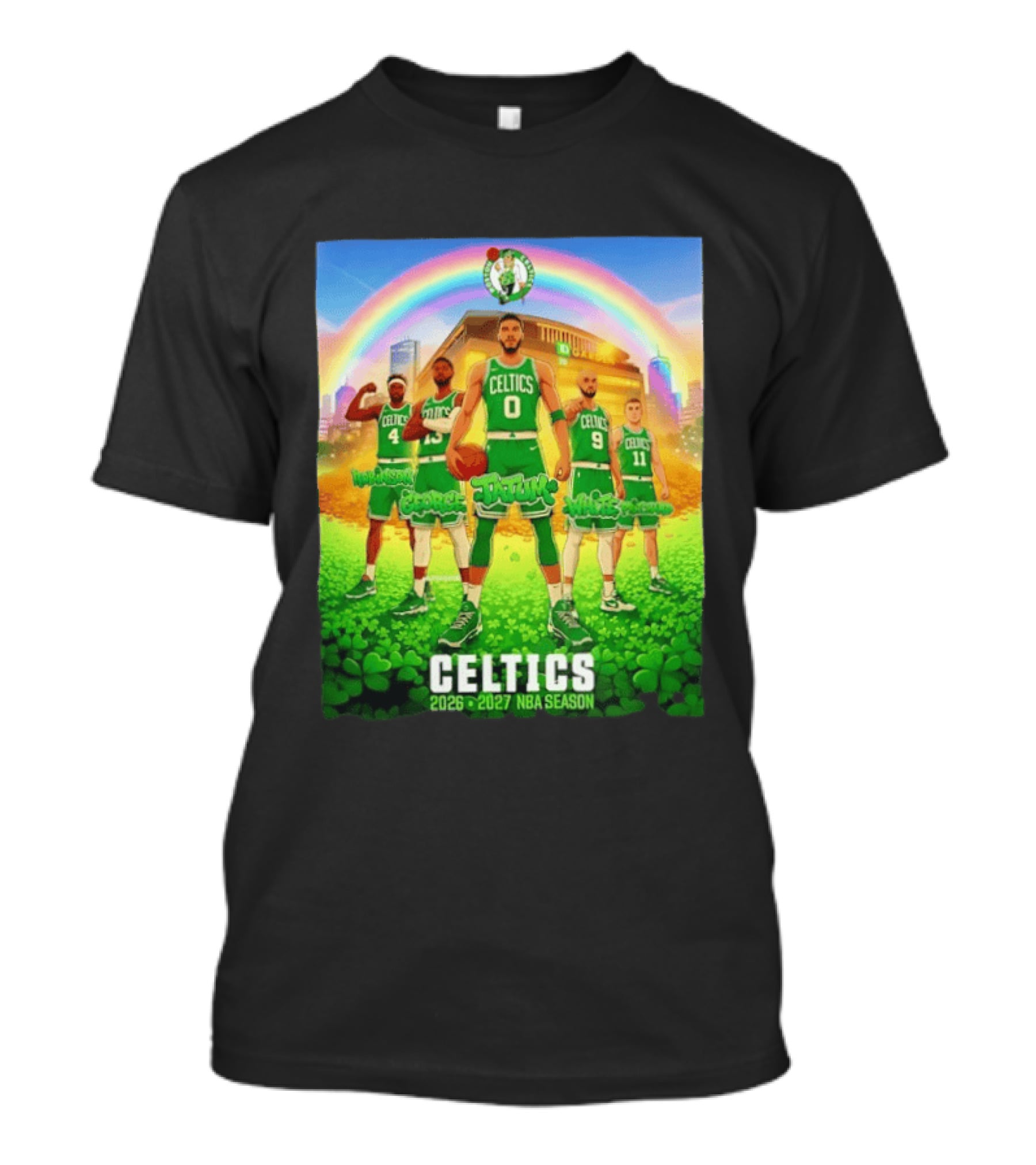 Boston Celtics 2026 2027 NBA Season Tatum George White Robinson Pritchard Basketball Team Players Under Rainbow Scene T-Shirt