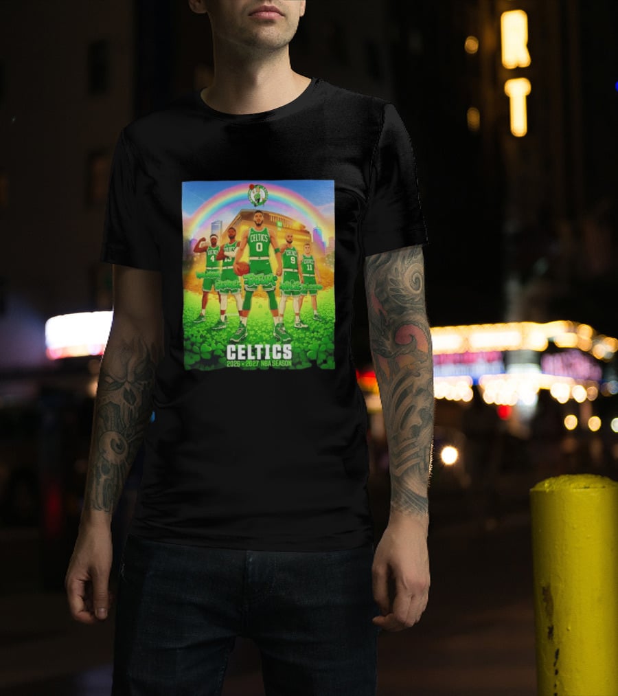 Boston Celtics 2026 2027 NBA Season Tatum George White Robinson Pritchard Basketball Team Players Under Rainbow Scene T-Shirt