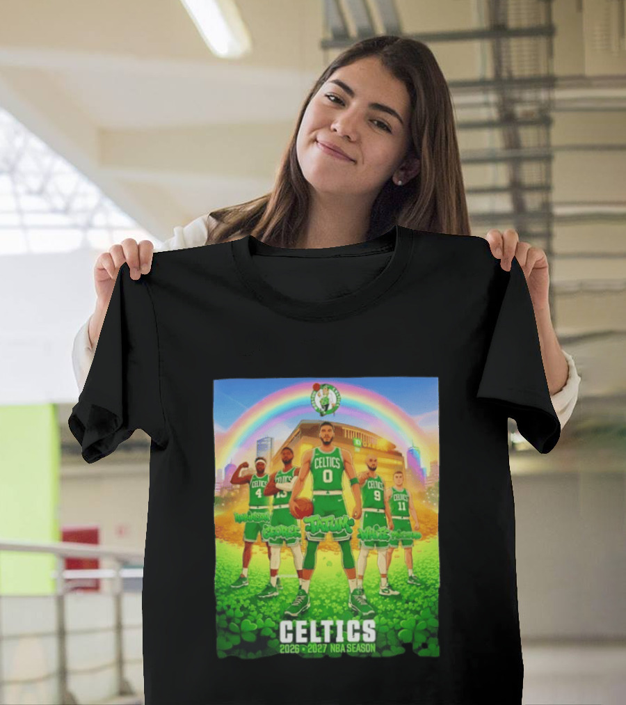 Boston Celtics 2026 2027 NBA Season Tatum George White Robinson Pritchard Basketball Team Players Under Rainbow Scene T-Shirt