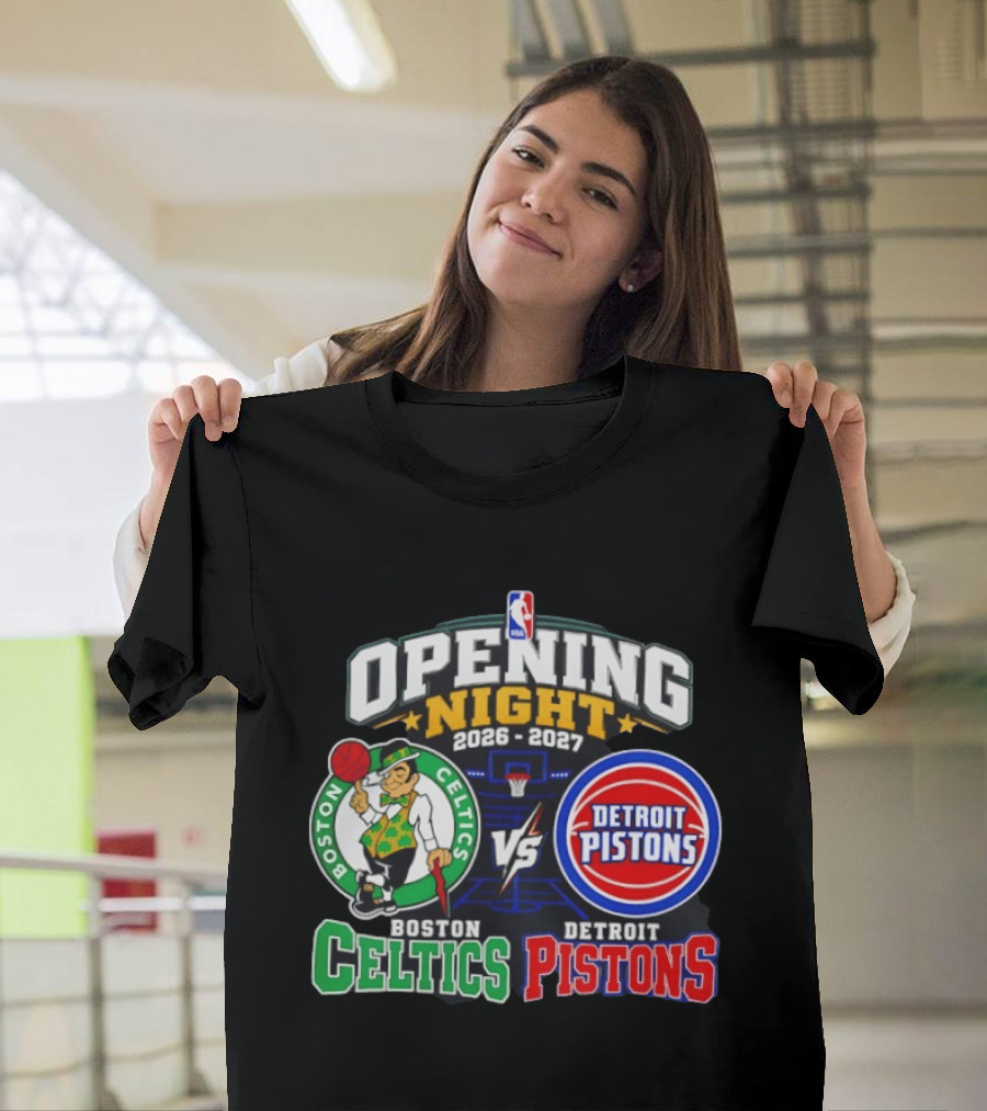 Boston Celtics Vs Detroit Pistons NBA Opening Night 2026 2027 Matchup Logos And Teams T-Shirt