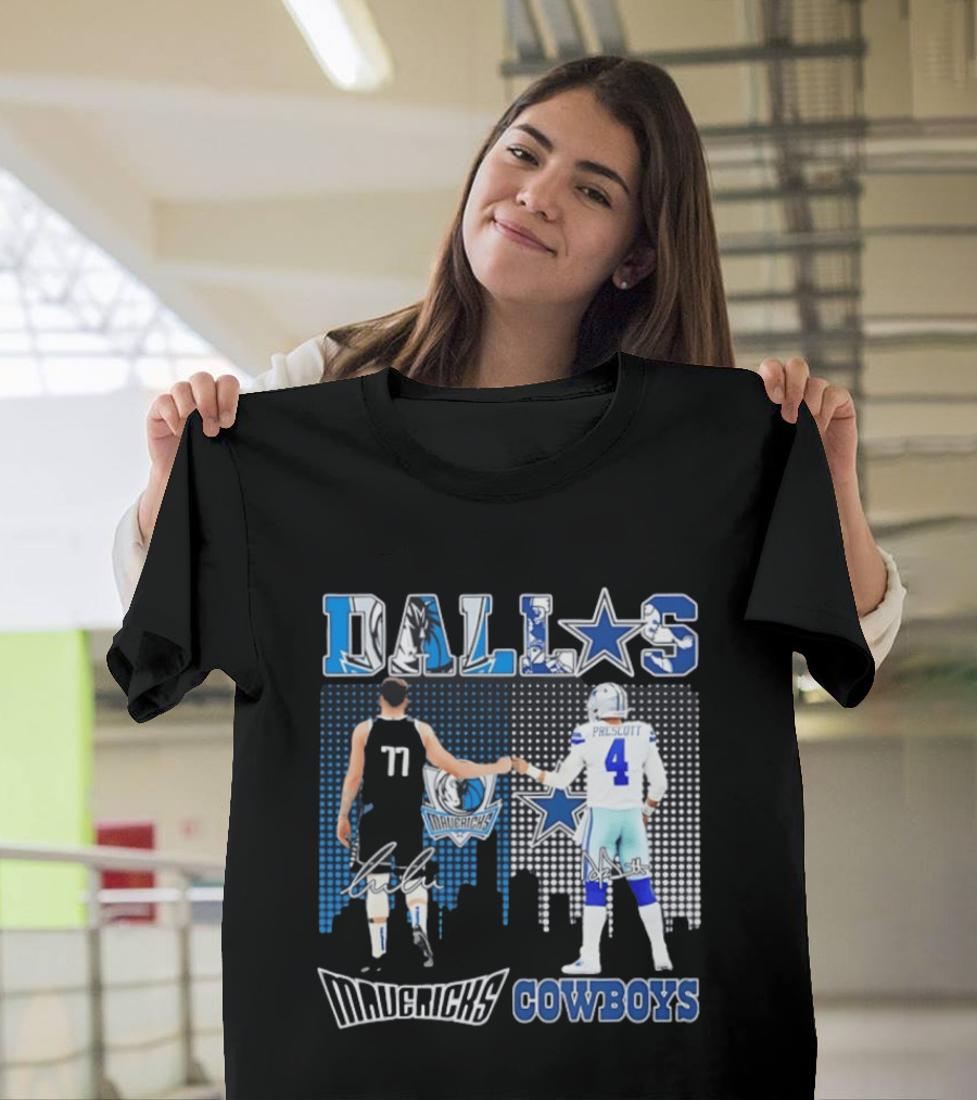 Dallas Mavericks Cowboys Skyline Signatures Luka Doncic Dak Prescott T-Shirt