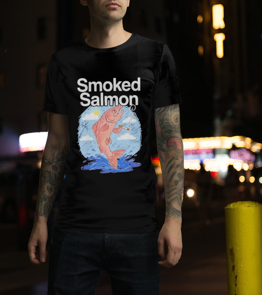 Smoked Salmon Smoking Fish Humorous Cartoon Design With Cloud And Water T-Shirt