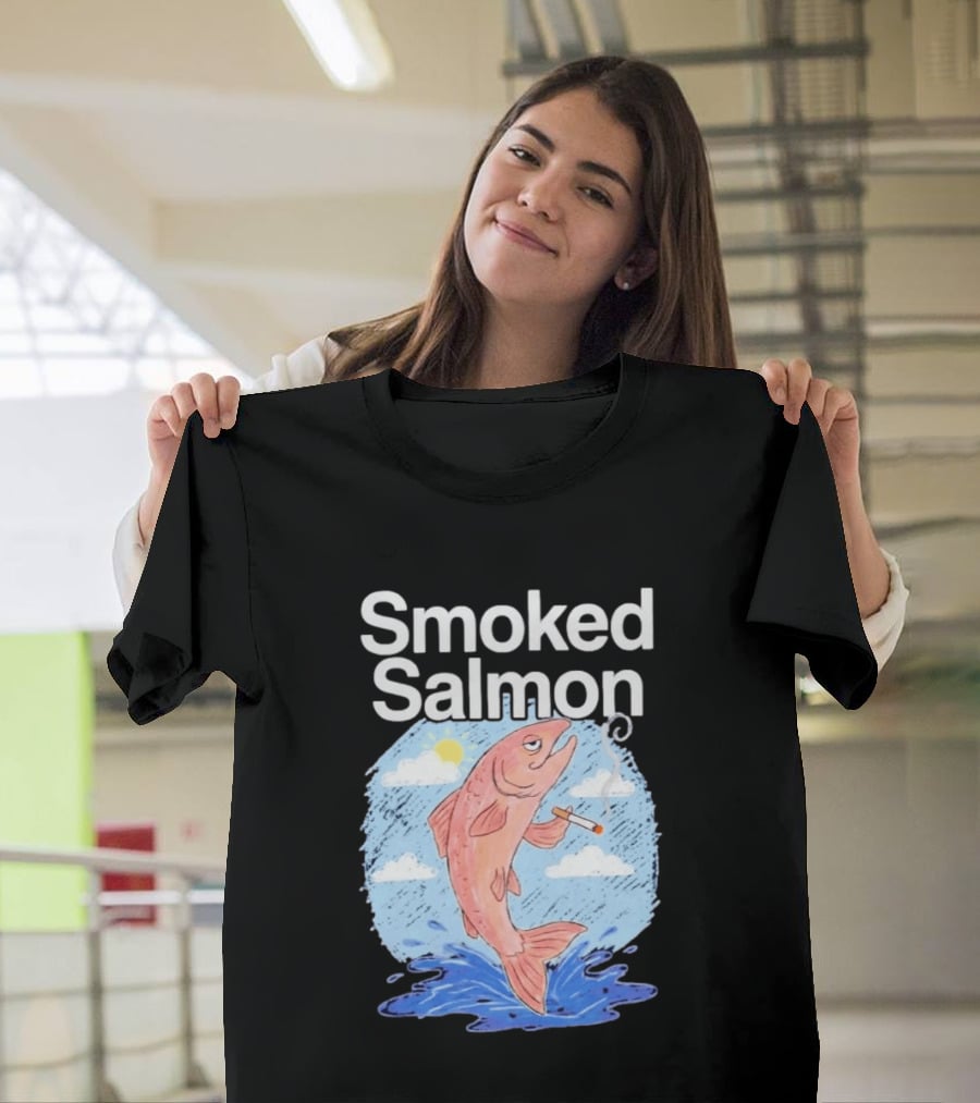 Smoked Salmon Smoking Fish Humorous Cartoon Design With Cloud And Water T-Shirt