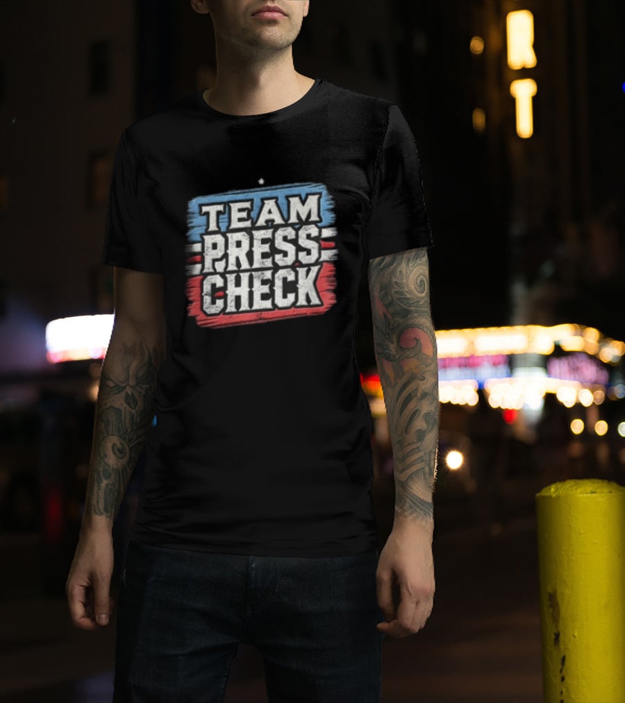 Team Press Check Bold Text On Red And Blue Stripes T-Shirt