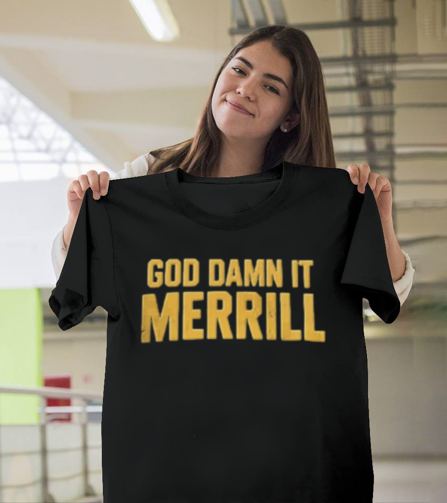 Merrill God Damn It Yellow Distressed Block Lettering T-Shirt
