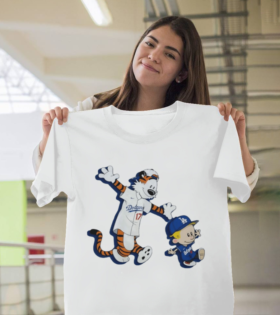 Calvin And Hobbes Dodgers Baseball Characters Los Angeles Team Fan T-Shirt