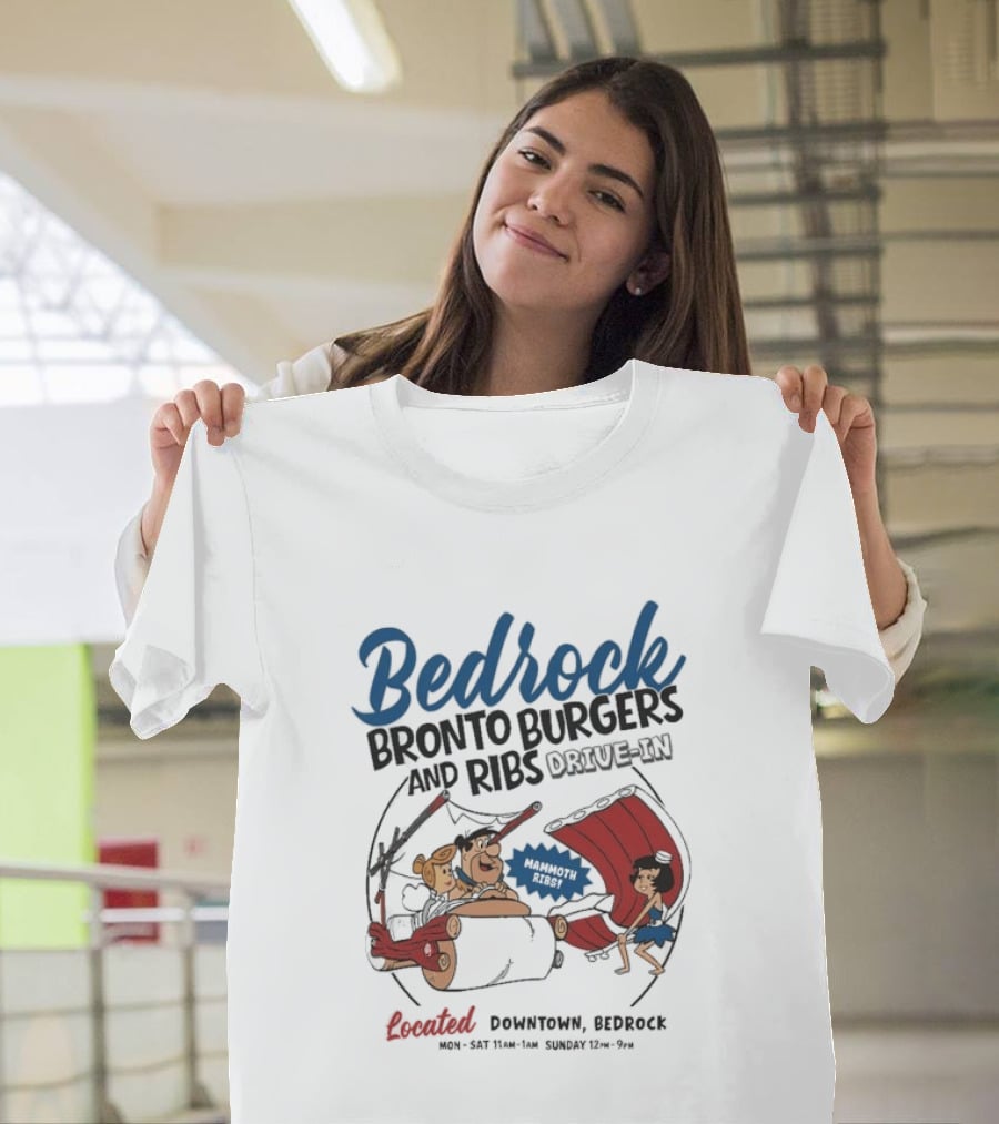 Bedrock Bronto Burgers And Ribs Drive In Downtown Bedrock Fred Flintstone Car And Dino Ribs T-Shirt