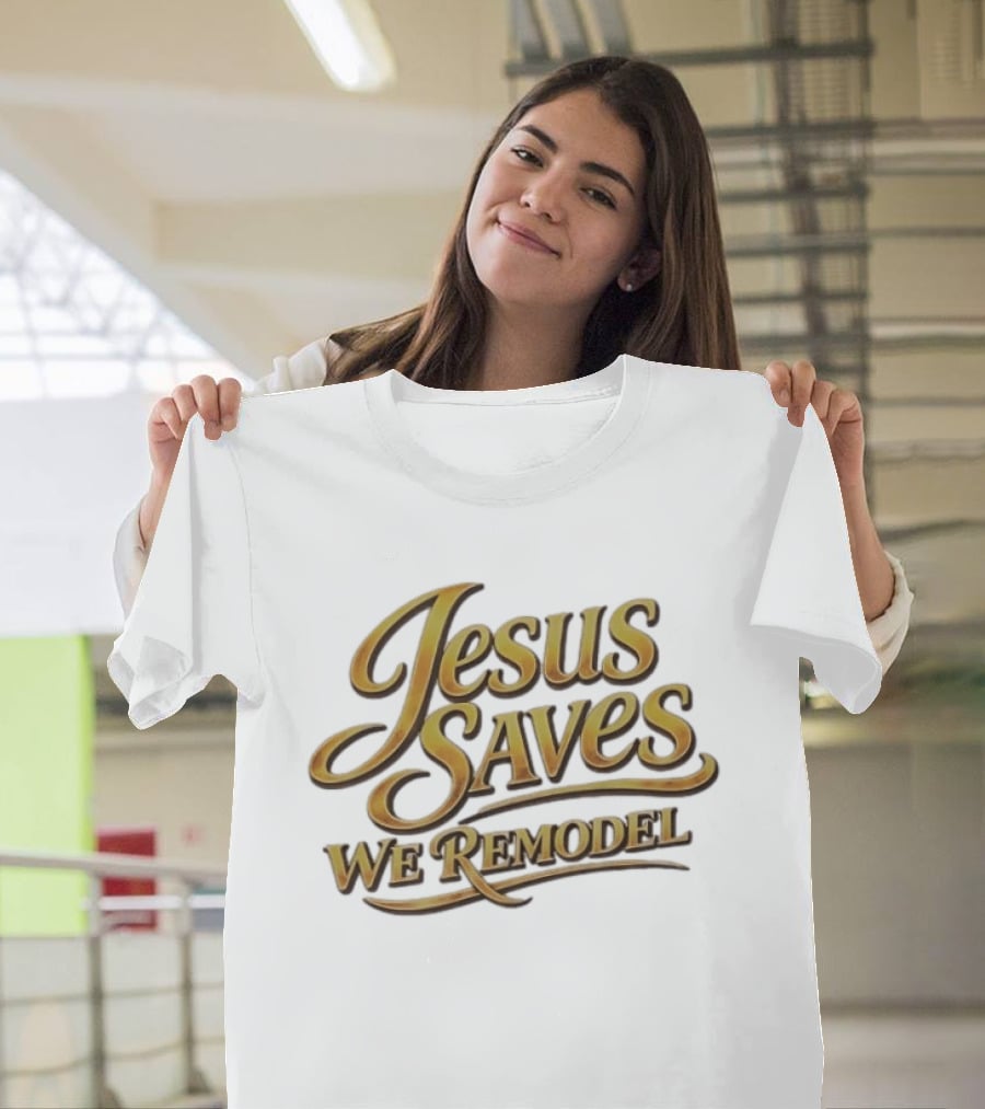 Jesus Saves We Remodel Bold Gold Christian Inspirational Phrase T-Shirt