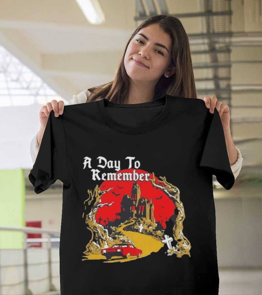 A Day To Remember Haunted House Red Car Cemetery Scene T-Shirt