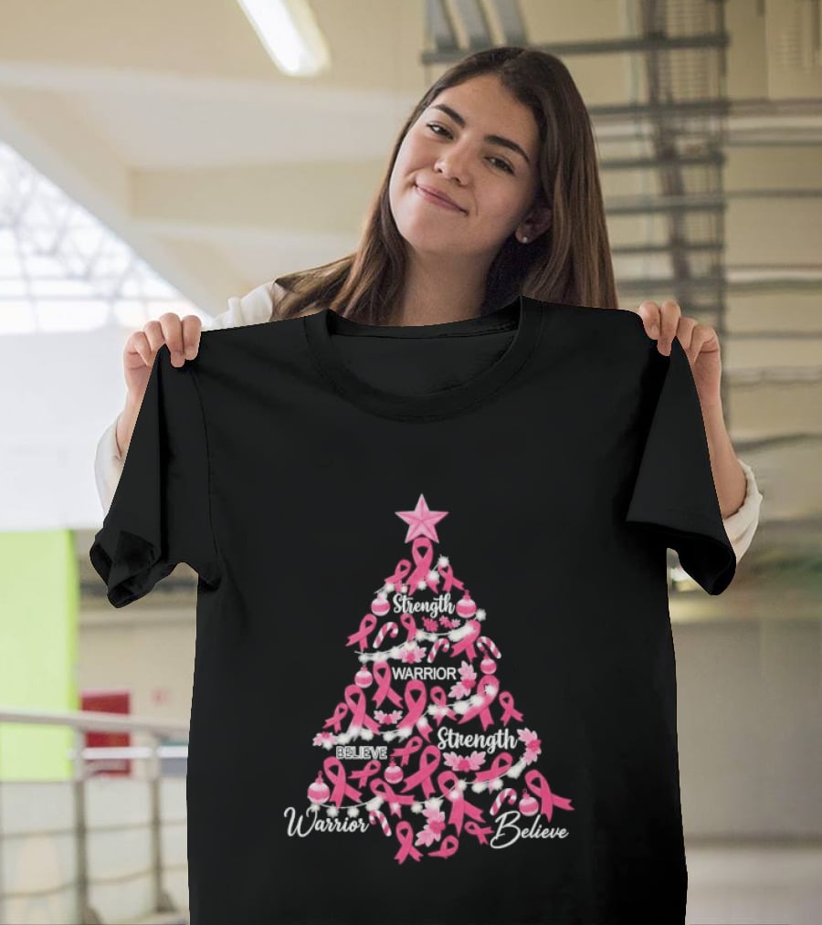 Warrior Strength Believe Breast Cancer Awareness Christmas Tree T-Shirt