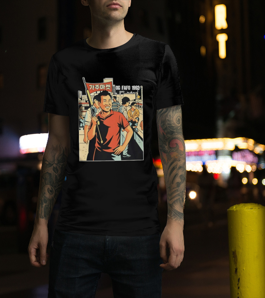 OG FAFO 1992 Rooftop Koreans Cartoon Characters Holding Flag And Rifle Urban Rooftop Scene T-Shirt